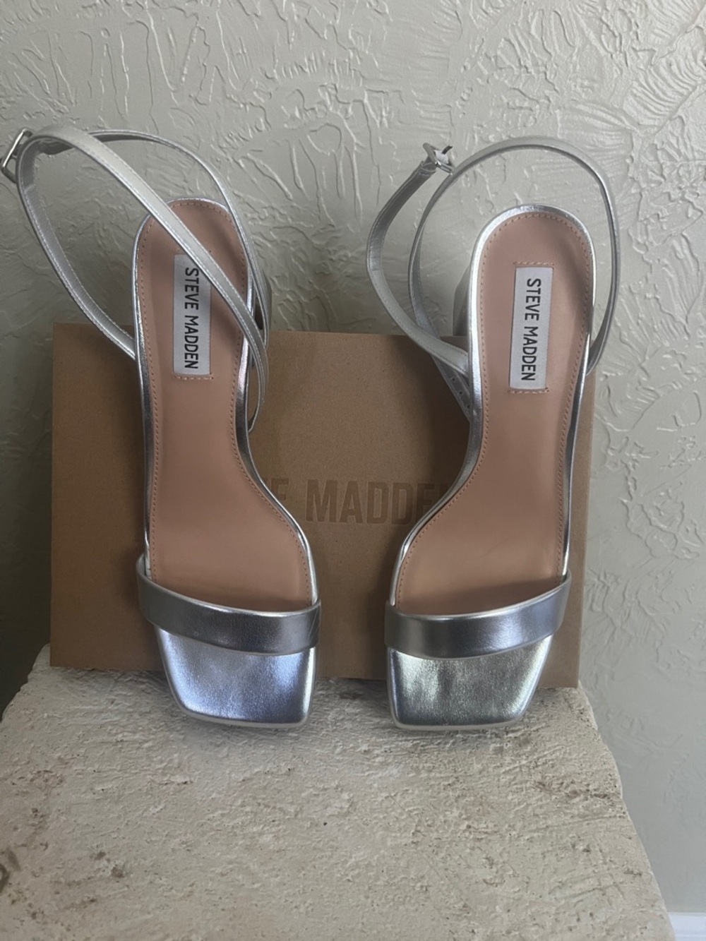 Steve Madden Metallic Silver Slingback Block Heel Sandals - Picture 2 of 6